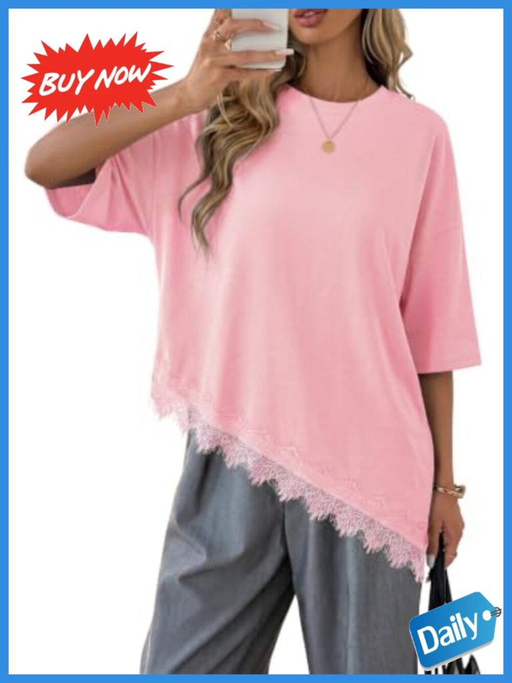 Womens Lace Asymmetrical Hem 3/4 Sleeve Tunic Top Blouse